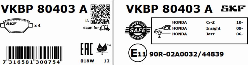 SKF VKBP 80403 A - Тормозные колодки, дисковые, комплект autodnr.net