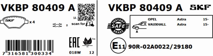 SKF VKBP 80409 A - Гальмівні колодки, дискові гальма autocars.com.ua