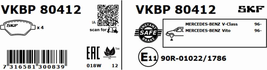 SKF VKBP 80412 - Гальмівні колодки, дискові гальма autocars.com.ua