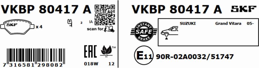 SKF VKBP 80417 A - Гальмівні колодки, дискові гальма autocars.com.ua