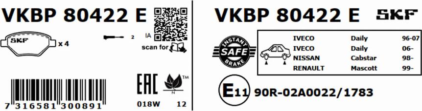 SKF VKBP 80422 E - Гальмівні колодки, дискові гальма autocars.com.ua