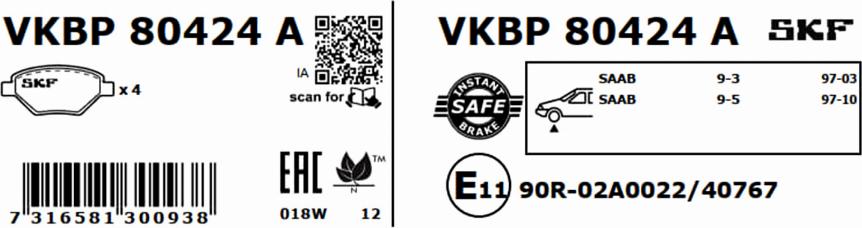 SKF VKBP 80424 A - Гальмівні колодки, дискові гальма autocars.com.ua