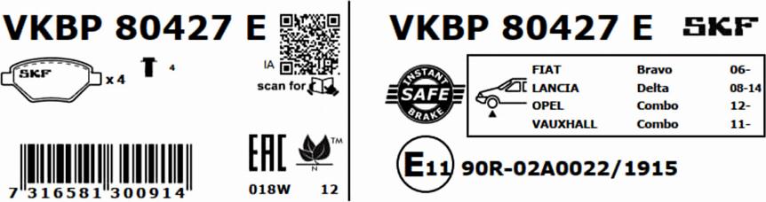 SKF VKBP 80427 E - Гальмівні колодки, дискові гальма autocars.com.ua