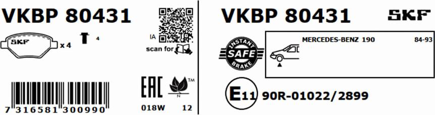 SKF VKBP 80431 - Гальмівні колодки, дискові гальма autocars.com.ua