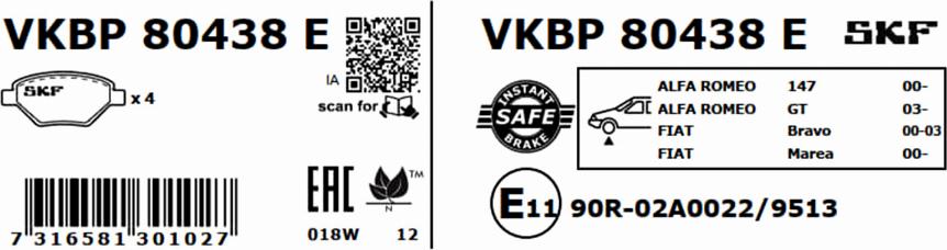 SKF VKBP 80438 E - Тормозные колодки, дисковые, комплект autodnr.net