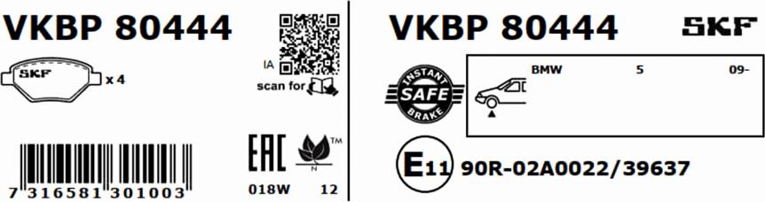 SKF VKBP 80444 - Гальмівні колодки, дискові гальма autocars.com.ua