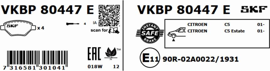 SKF VKBP 80447 E - Гальмівні колодки, дискові гальма autocars.com.ua