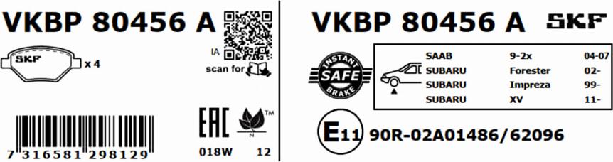 SKF VKBP 80456 A - Тормозные колодки, дисковые, комплект avtokuzovplus.com.ua