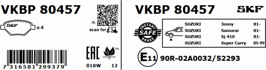 SKF VKBP 80457 - Тормозные колодки, дисковые, комплект avtokuzovplus.com.ua
