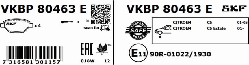 SKF VKBP 80463 E - Тормозные колодки, дисковые, комплект avtokuzovplus.com.ua