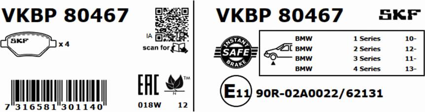 SKF VKBP 80467 - Гальмівні колодки, дискові гальма autocars.com.ua