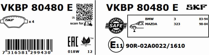 SKF VKBP 80480 E - Гальмівні колодки, дискові гальма autocars.com.ua