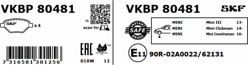 SKF VKBP 80481 - Тормозные колодки, дисковые, комплект avtokuzovplus.com.ua