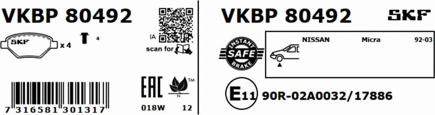 SKF VKBP 80492 - Тормозные колодки, дисковые, комплект avtokuzovplus.com.ua