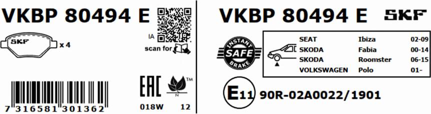 SKF VKBP 80494 E - Гальмівні колодки, дискові гальма autocars.com.ua