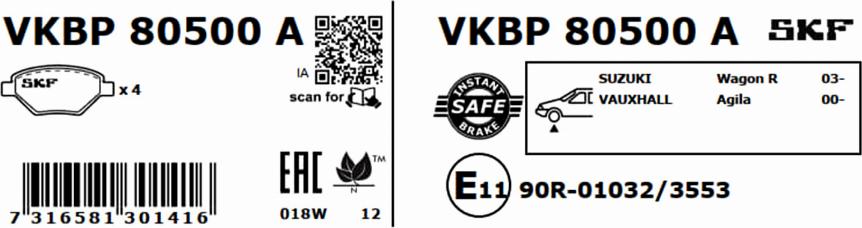 SKF VKBP 80500 A - Гальмівні колодки, дискові гальма autocars.com.ua