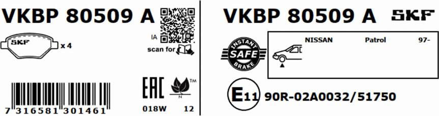 SKF VKBP 80509 A - Гальмівні колодки, дискові гальма autocars.com.ua