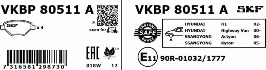 SKF VKBP 80511 A - Гальмівні колодки, дискові гальма autocars.com.ua