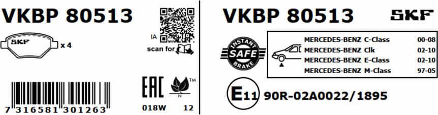 SKF VKBP 80513 - Гальмівні колодки, дискові гальма autocars.com.ua