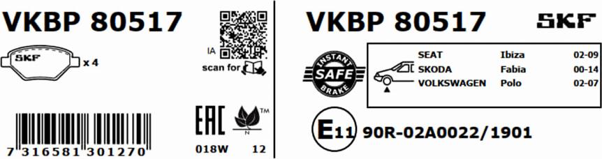 SKF VKBP 80517 - Гальмівні колодки, дискові гальма autocars.com.ua