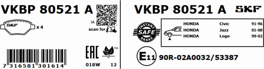 SKF VKBP 80521 A - Тормозные колодки, дисковые, комплект avtokuzovplus.com.ua