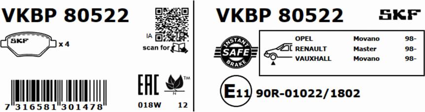SKF VKBP 80522 - Тормозные колодки, дисковые, комплект autodnr.net
