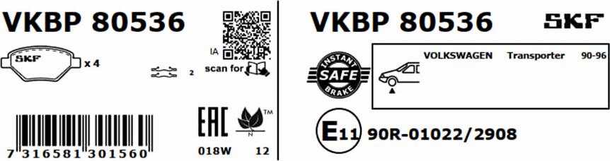 SKF VKBP 80536 - Тормозные колодки, дисковые, комплект autodnr.net