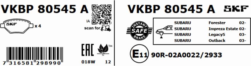 SKF VKBP 80545 A - Тормозные колодки, дисковые, комплект autodnr.net