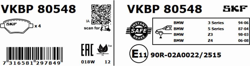 SKF VKBP 80548 - Гальмівні колодки, дискові гальма autocars.com.ua