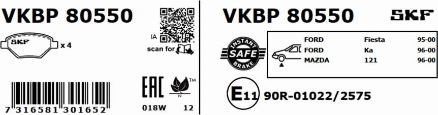 SKF VKBP 80550 - Гальмівні колодки, дискові гальма autocars.com.ua