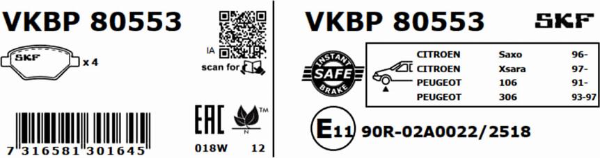 SKF VKBP 80553 - Тормозные колодки, дисковые, комплект avtokuzovplus.com.ua