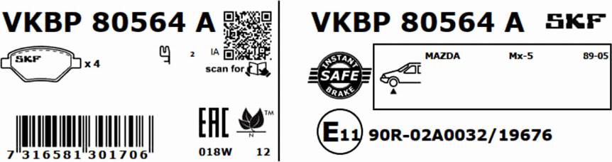 SKF VKBP 80564 A - Гальмівні колодки, дискові гальма autocars.com.ua