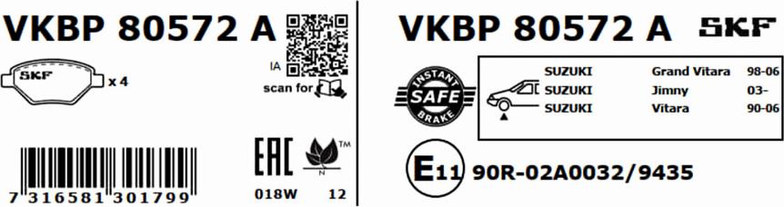 SKF VKBP 80572 A - Гальмівні колодки, дискові гальма autocars.com.ua