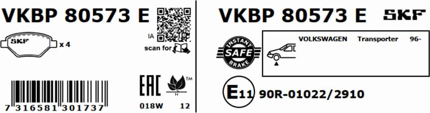 SKF VKBP 80573 E - Гальмівні колодки, дискові гальма autocars.com.ua