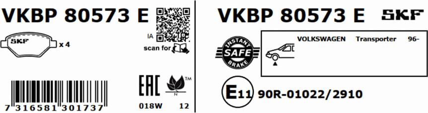 SKF VKBP 80573 E - Тормозные колодки, дисковые, комплект avtokuzovplus.com.ua