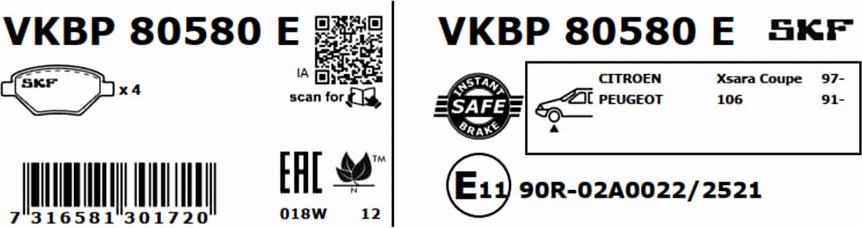 SKF VKBP 80580 E - Тормозные колодки, дисковые, комплект avtokuzovplus.com.ua