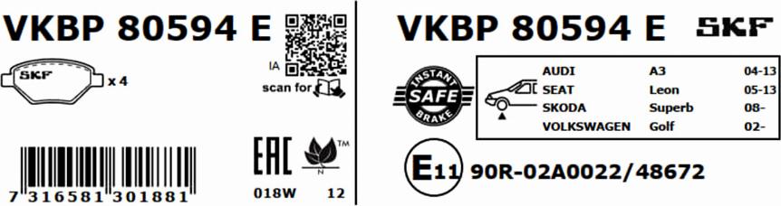 SKF VKBP 80594 E - Гальмівні колодки, дискові гальма autocars.com.ua