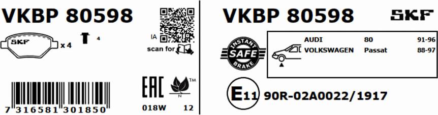 SKF VKBP 80598 - Гальмівні колодки, дискові гальма autocars.com.ua