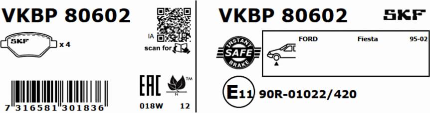 SKF VKBP 80602 - Гальмівні колодки, дискові гальма autocars.com.ua