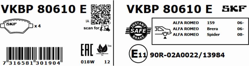 SKF VKBP 80610 E - Гальмівні колодки, дискові гальма autocars.com.ua