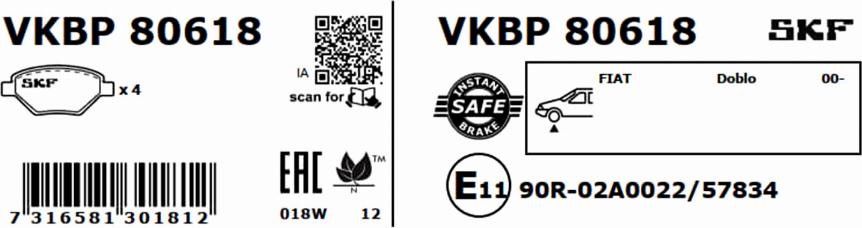 SKF VKBP 80618 - Тормозные колодки, дисковые, комплект avtokuzovplus.com.ua