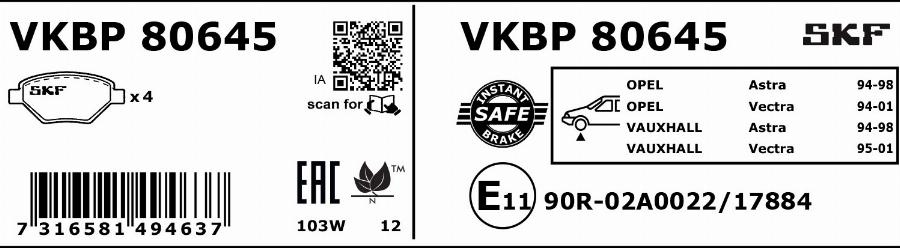 SKF VKBP 80645 - Тормозные колодки, дисковые, комплект autodnr.net