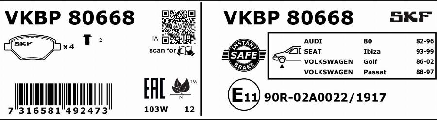 SKF VKBP 80668 - Тормозные колодки, дисковые, комплект autodnr.net