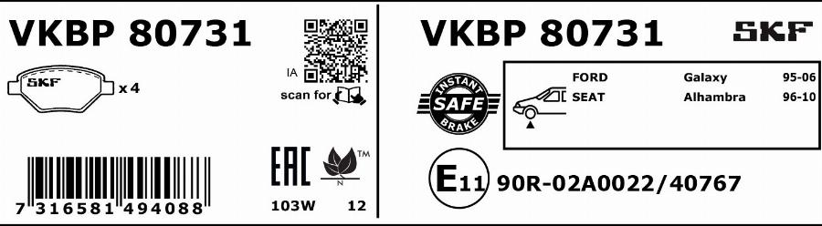 SKF VKBP 80731 - Тормозные колодки, дисковые, комплект autodnr.net