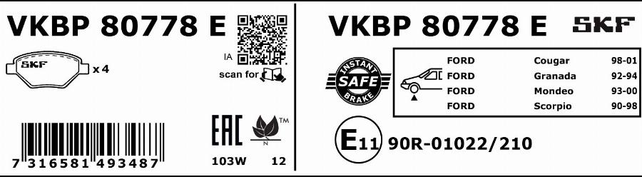 SKF VKBP 80778 E - Гальмівні колодки, дискові гальма autocars.com.ua