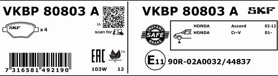 SKF VKBP 80803 A - Тормозные колодки, дисковые, комплект autodnr.net