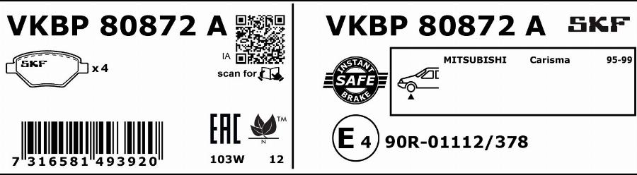 SKF VKBP 80872 A - Тормозные колодки, дисковые, комплект autodnr.net