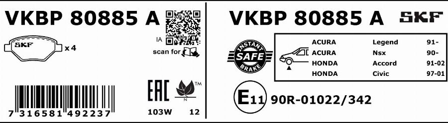 SKF VKBP 80885 A - Гальмівні колодки, дискові гальма autocars.com.ua
