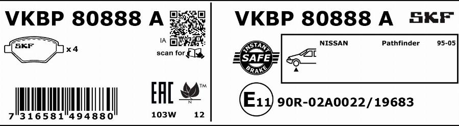 SKF VKBP 80888 A - Гальмівні колодки, дискові гальма autocars.com.ua