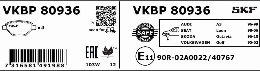 SKF VKBP 80936 - Тормозные колодки, дисковые, комплект avtokuzovplus.com.ua